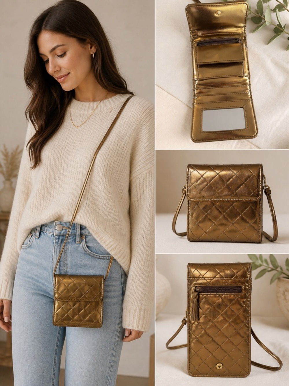 Tri-Fold Rose Gold Quilted Wallet / Crossbody  Mini Purse